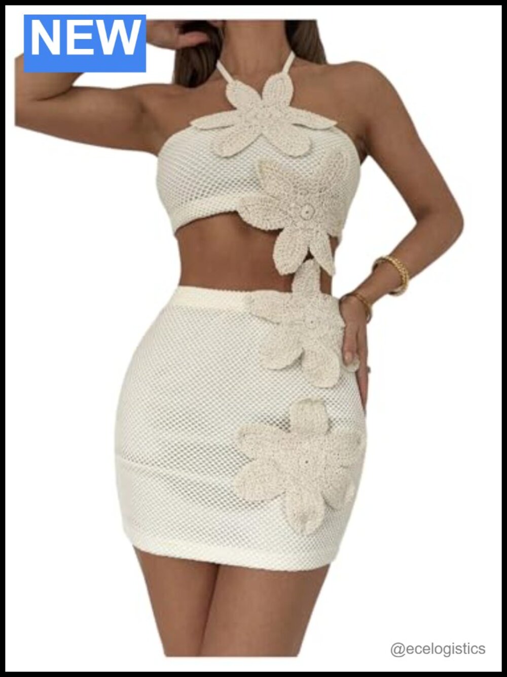 Women's Crochet Vacation Skirt Set 2 Piece Halter Crop Top Bodycon Mini